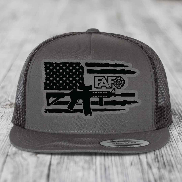 American Flag with AR15 FAFO - Leather Patch Hat - Grey to Black Patch - Yupoong 6006 Snapback Flatbill Hat