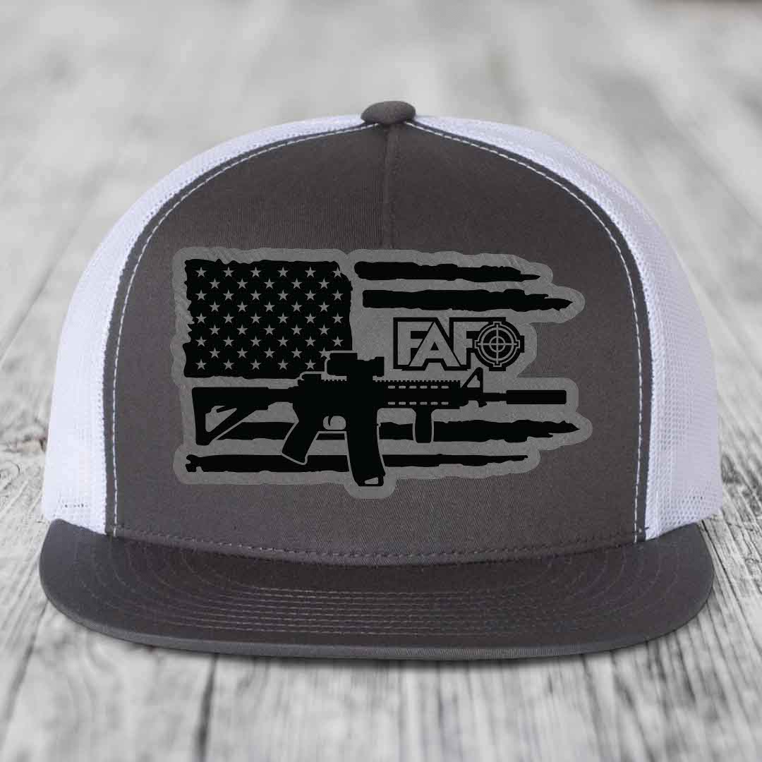 American Flag with AR15 FAFO - Leather Patch Hat - Grey to Black Patch - Yupoong 6006 Snapback Flatbill Hat