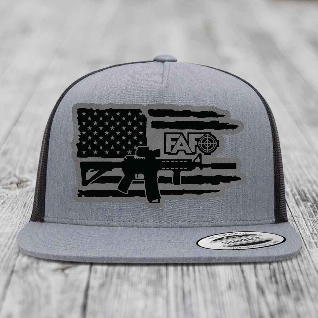 American Flag with AR15 FAFO - Leather Patch Hat - Grey to Black Patch - Yupoong 6006 Snapback Flatbill Hat