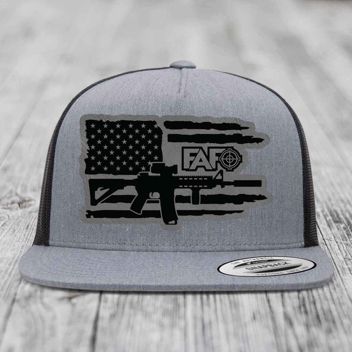 American Flag with AR15 FAFO - Leather Patch Hat - Grey to Black Patch - Yupoong 6006 Snapback Flatbill Hat