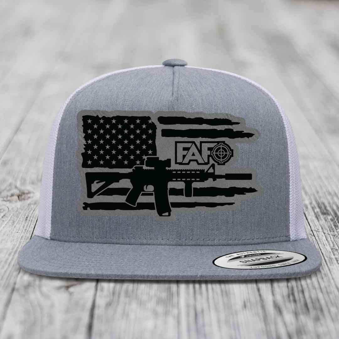 American Flag with AR15 FAFO - Leather Patch Hat - Grey to Black Patch - Yupoong 6006 Snapback Flatbill Hat