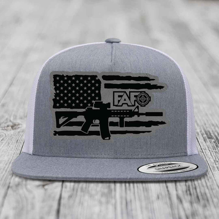 American Flag with AR15 FAFO - Leather Patch Hat - Grey to Black Patch - Yupoong 6006 Snapback Flatbill Hat