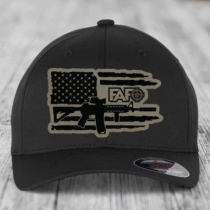 American Flag with AR15 FAFO - Leather Patch Hat - Light Brown to Black Patch - Flexfit 6277 Fitted Hat