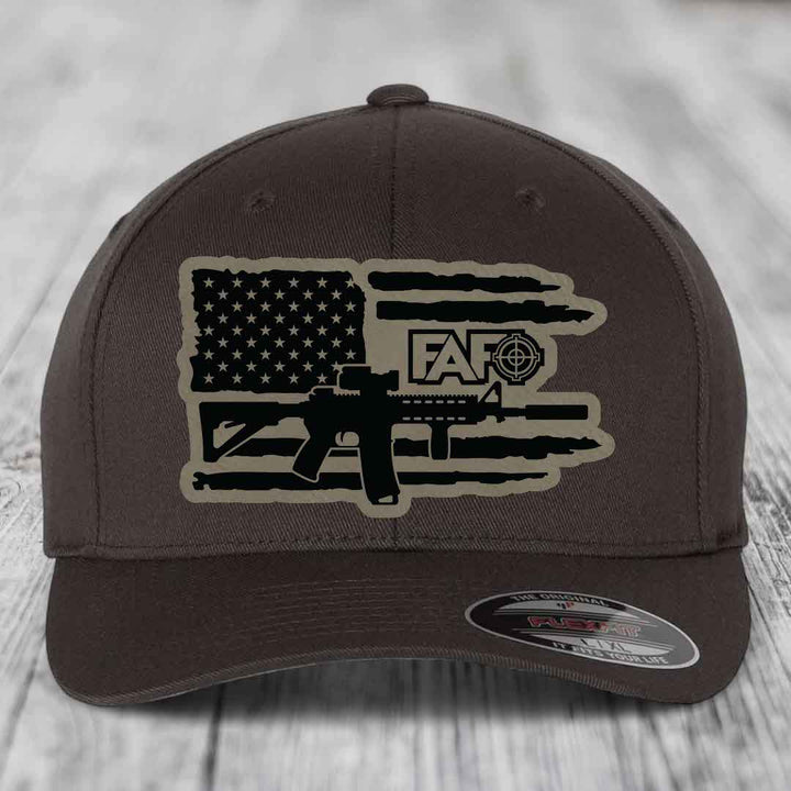 American Flag with AR15 FAFO - Leather Patch Hat - Light Brown to Black Patch - Flexfit 6277 Fitted Hat