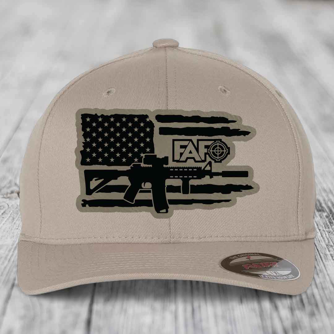 American Flag with AR15 FAFO - Leather Patch Hat - Light Brown to Black Patch - Flexfit 6277 Fitted Hat