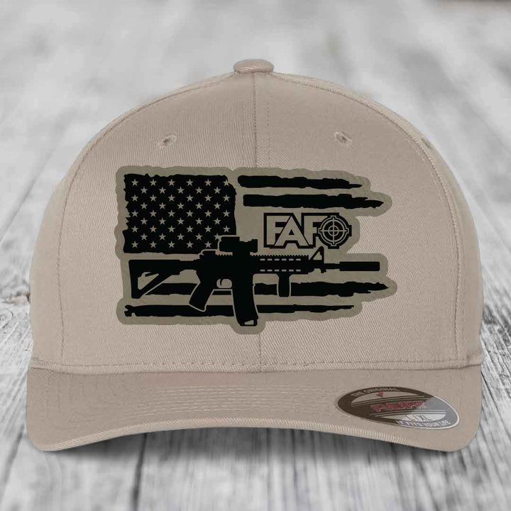 American Flag with AR15 FAFO - Leather Patch Hat - Light Brown to Black Patch - Flexfit 6277 Fitted Hat
