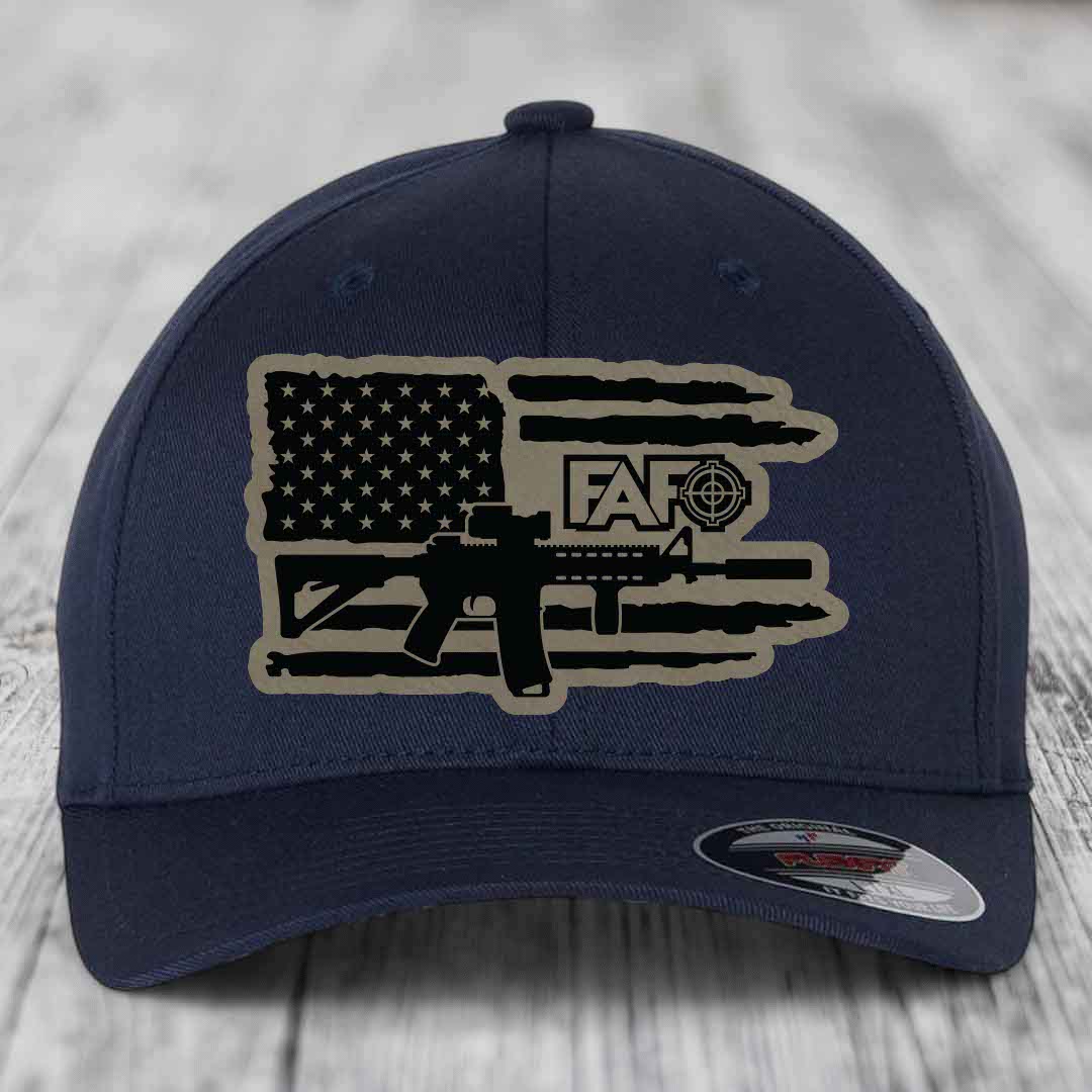 American Flag with AR15 FAFO - Leather Patch Hat - Light Brown to Black Patch - Flexfit 6277 Fitted Hat