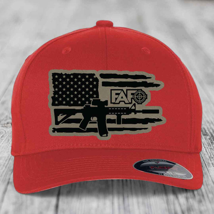 American Flag with AR15 FAFO - Leather Patch Hat - Light Brown to Black Patch - Flexfit 6277 Fitted Hat