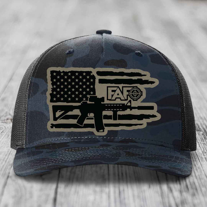 American Flag with AR15 FAFO - Leather Patch Hat - Light Brown to Black Patch - Richardson 112PFP Snapback Trucker Hat