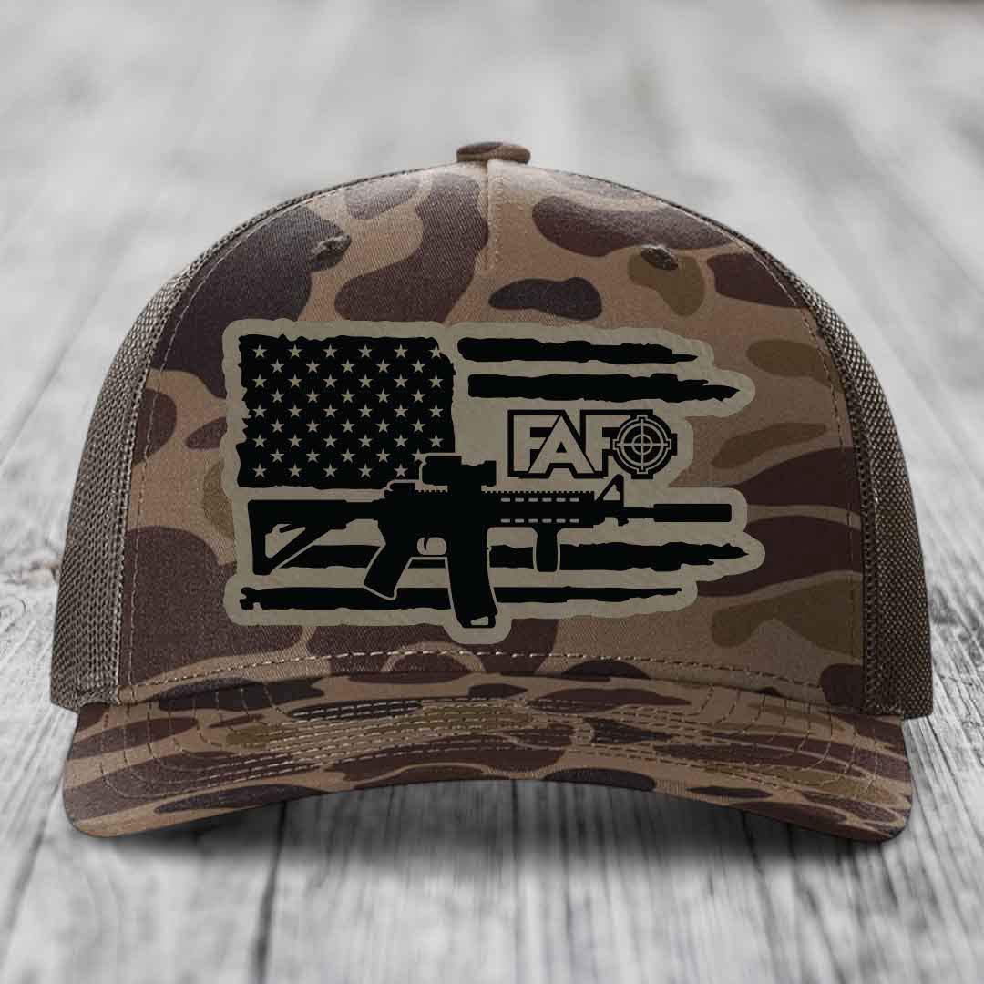 American Flag with AR15 FAFO - Leather Patch Hat - Light Brown to Black Patch - Richardson 112PFP Snapback Trucker Hat