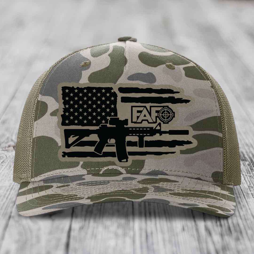 American Flag with AR15 FAFO - Leather Patch Hat - Light Brown to Black Patch - Richardson 112PFP Snapback Trucker Hat