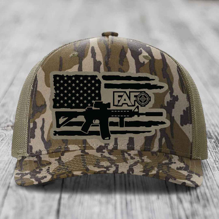 American Flag with AR15 FAFO - Leather Patch Hat - Light Brown to Black Patch - Richardson 112PFP Snapback Trucker Hat