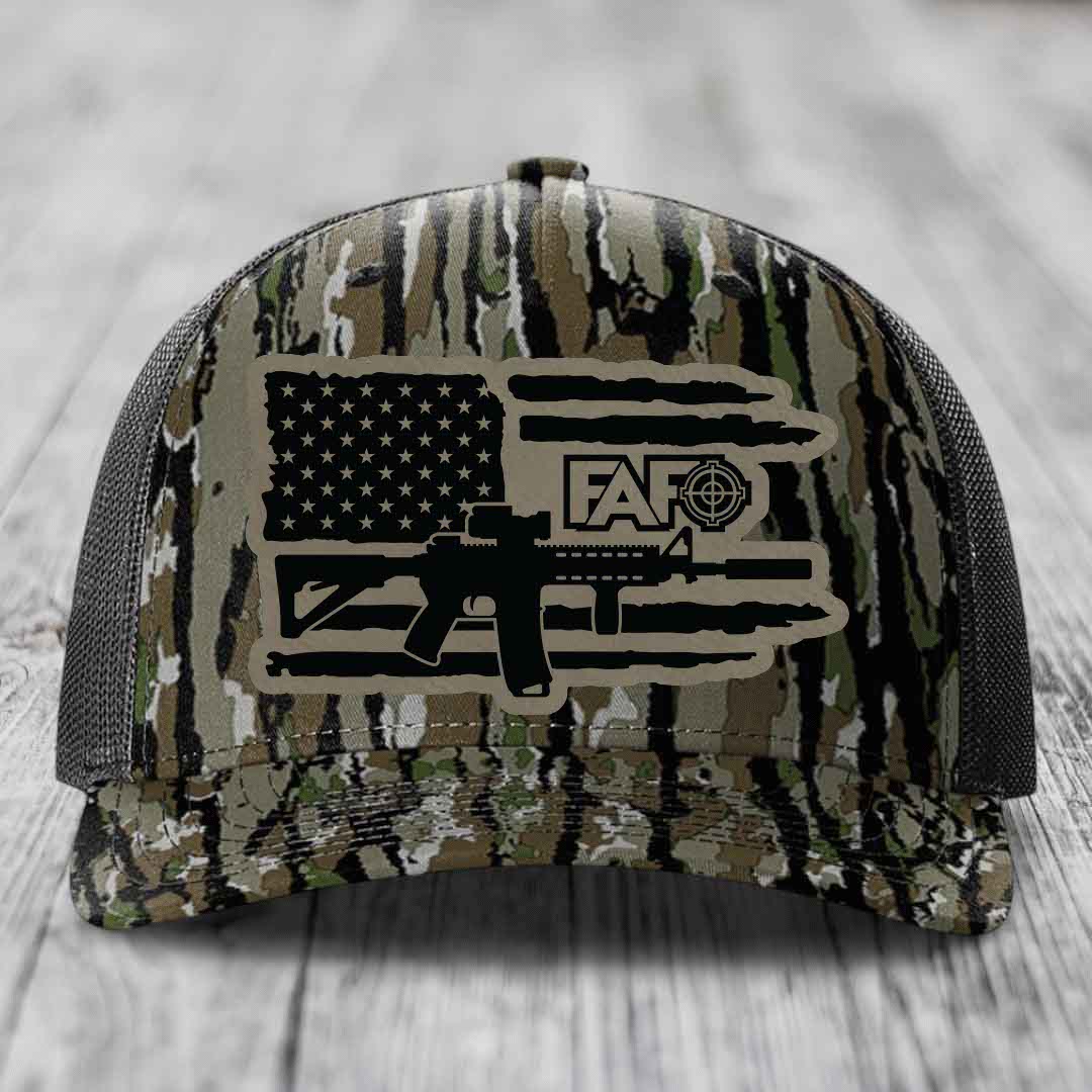 American Flag with AR15 FAFO - Leather Patch Hat - Light Brown to Black Patch - Richardson 112PFP Snapback Trucker Hat