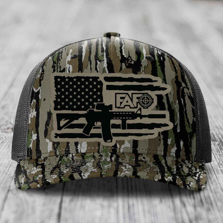 American Flag with AR15 FAFO - Leather Patch Hat - Light Brown to Black Patch - Richardson 112PFP Snapback Trucker Hat