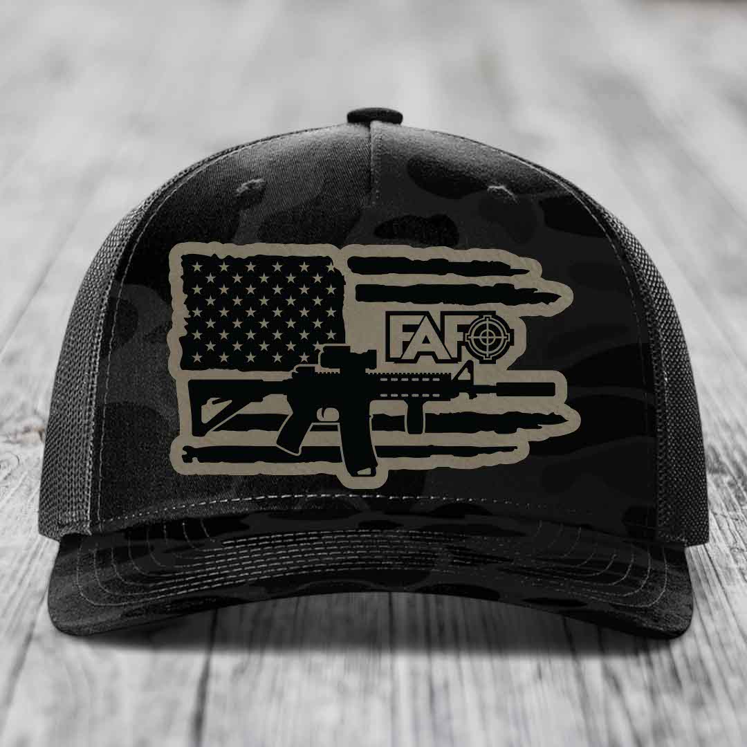 American Flag with AR15 FAFO - Leather Patch Hat - Light Brown to Black Patch - Richardson 112PFP Snapback Trucker Hat