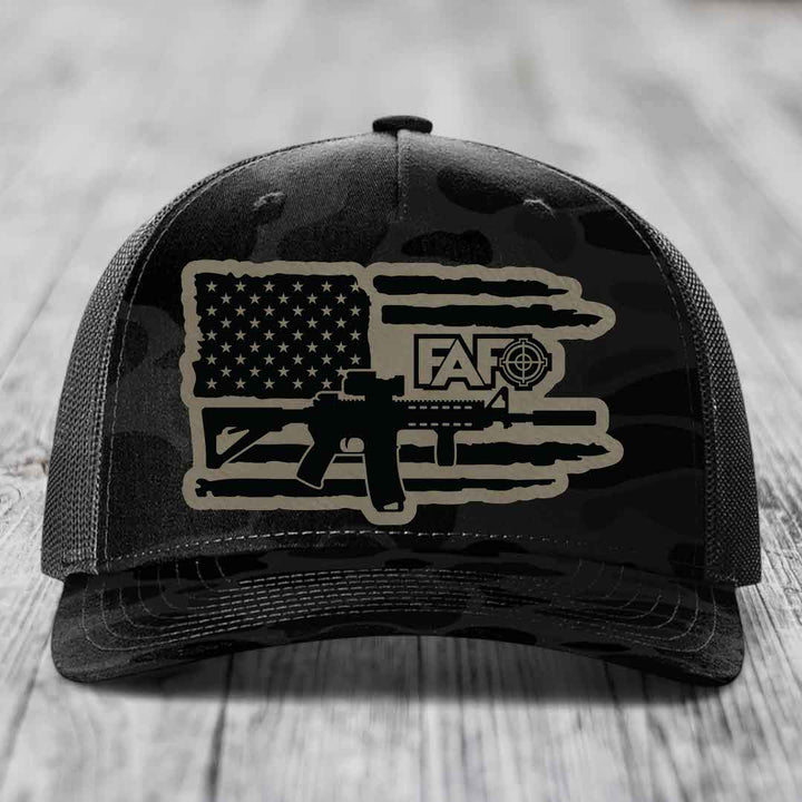 American Flag with AR15 FAFO - Leather Patch Hat - Light Brown to Black Patch - Richardson 112PFP Snapback Trucker Hat