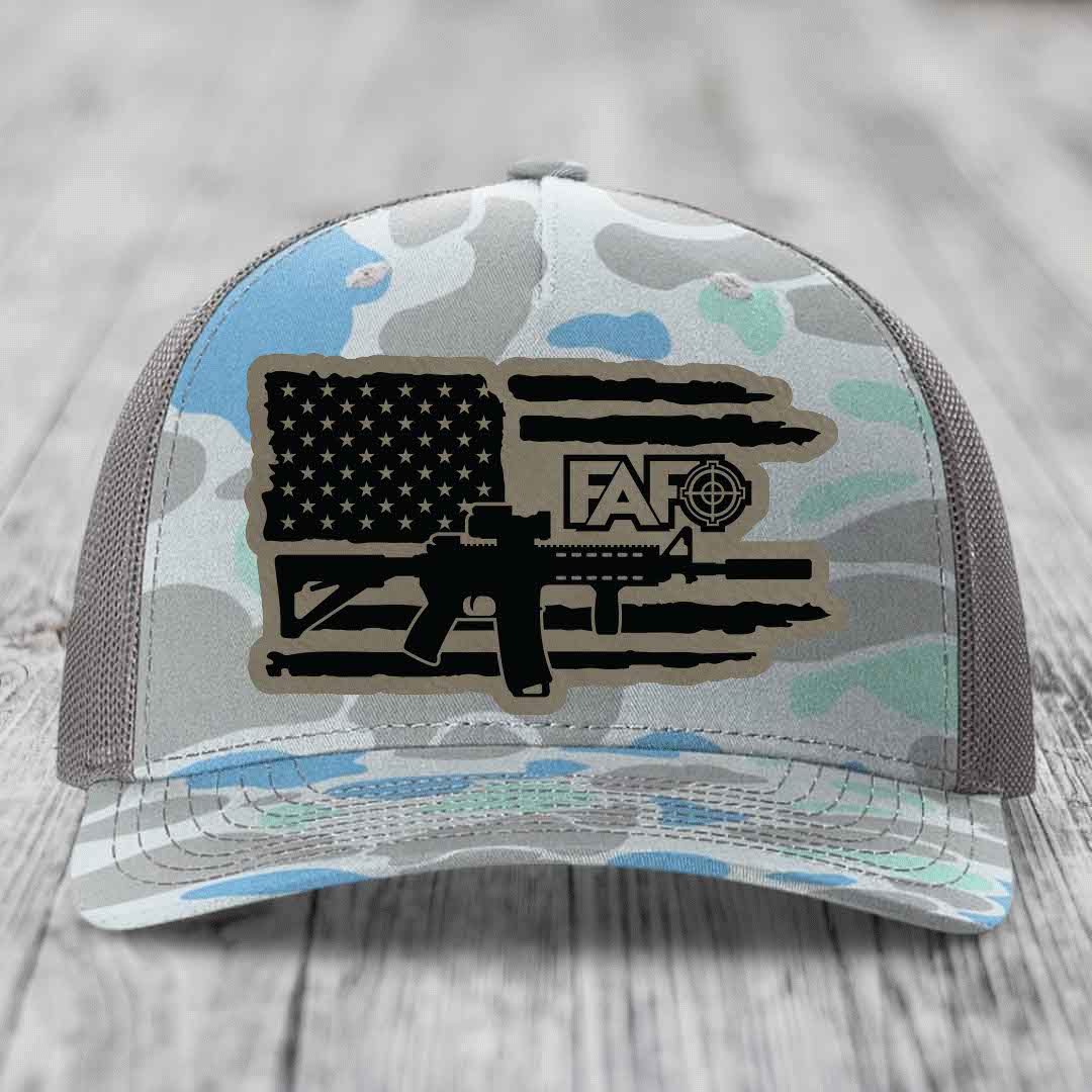 American Flag with AR15 FAFO - Leather Patch Hat - Light Brown to Black Patch - Richardson 112PFP Snapback Trucker Hat