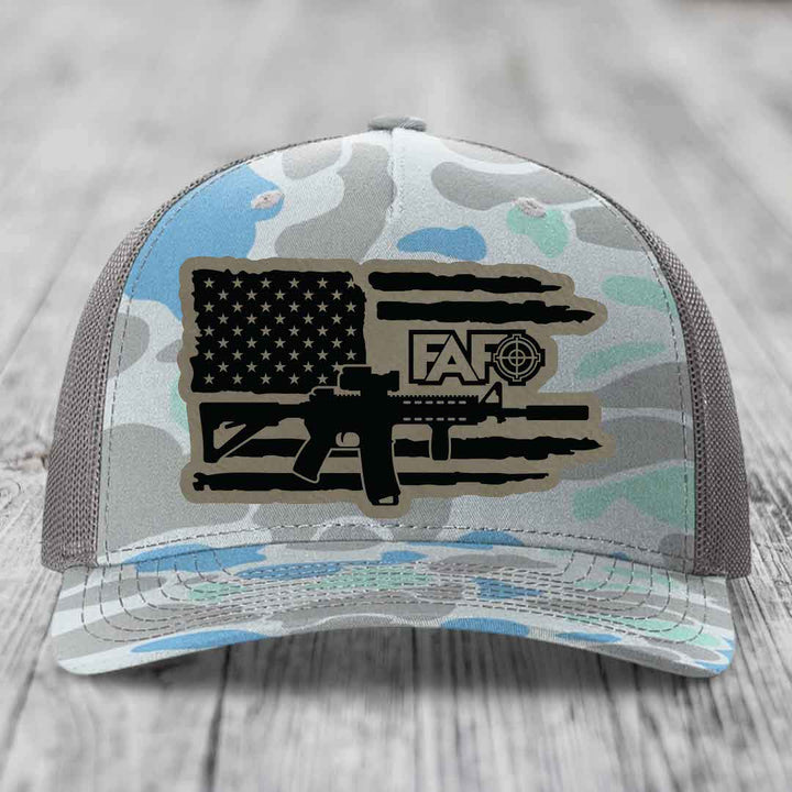 American Flag with AR15 FAFO - Leather Patch Hat - Light Brown to Black Patch - Richardson 112PFP Snapback Trucker Hat