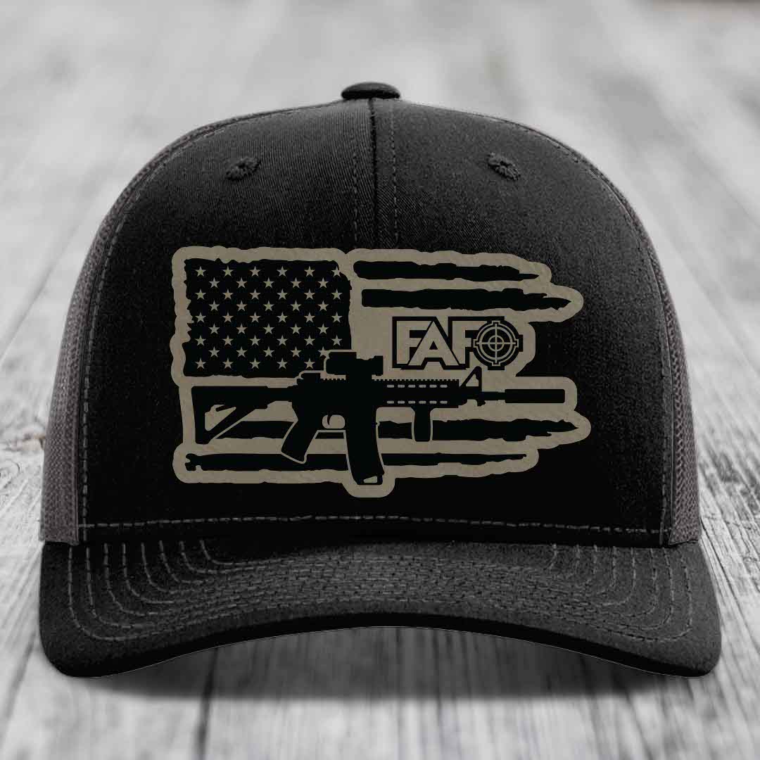 American Flag with AR15 FAFO - Leather Patch Hat - Light Brown to Black Patch - Richardson 112 Snapback Trucker Hat