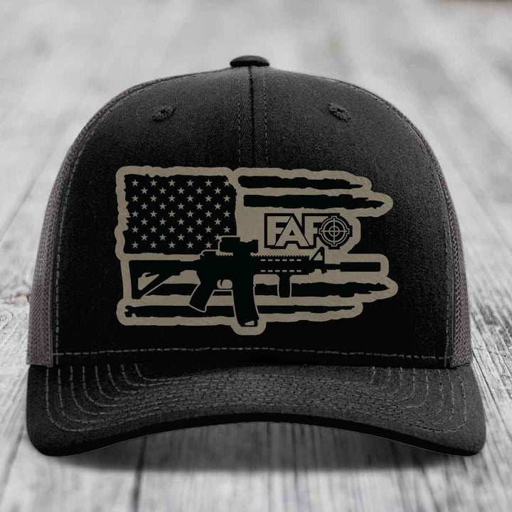 American Flag with AR15 FAFO - Leather Patch Hat - Light Brown to Black Patch - Richardson 112 Snapback Trucker Hat