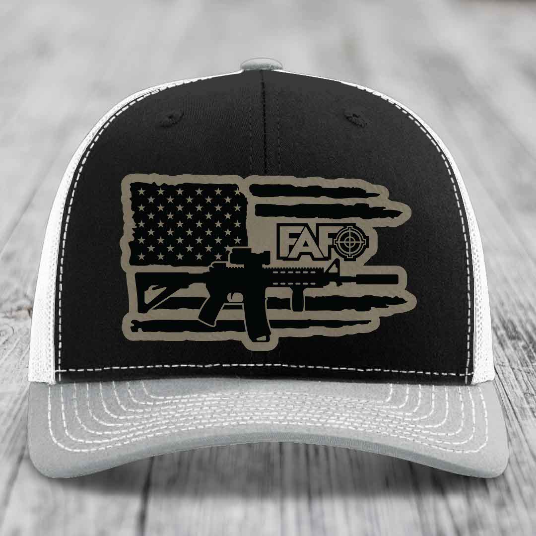 American Flag with AR15 FAFO - Leather Patch Hat - Light Brown to Black Patch - Richardson 112 Snapback Trucker Hat