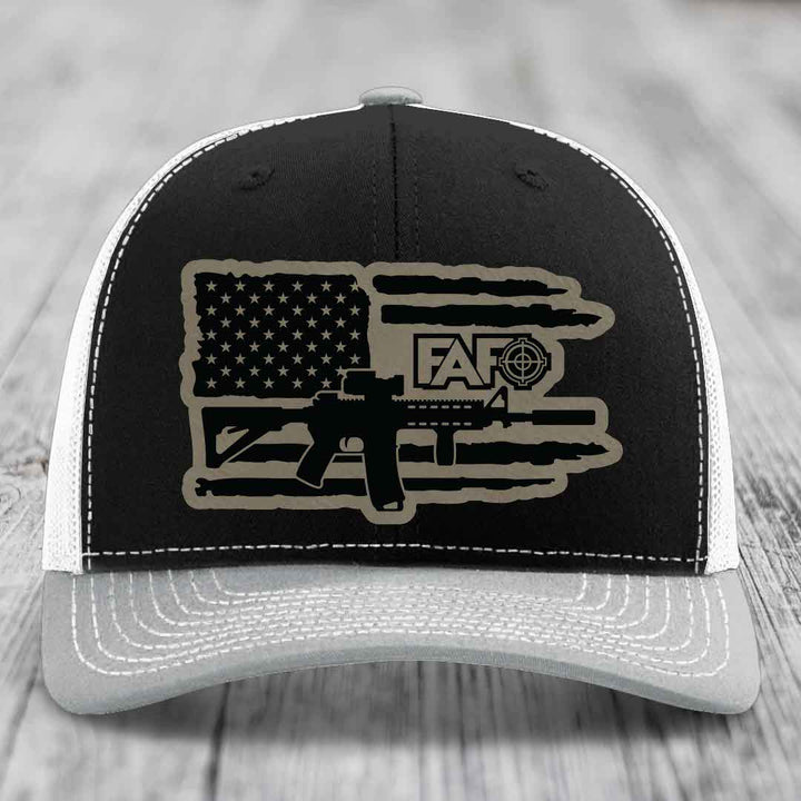American Flag with AR15 FAFO - Leather Patch Hat - Light Brown to Black Patch - Richardson 112 Snapback Trucker Hat