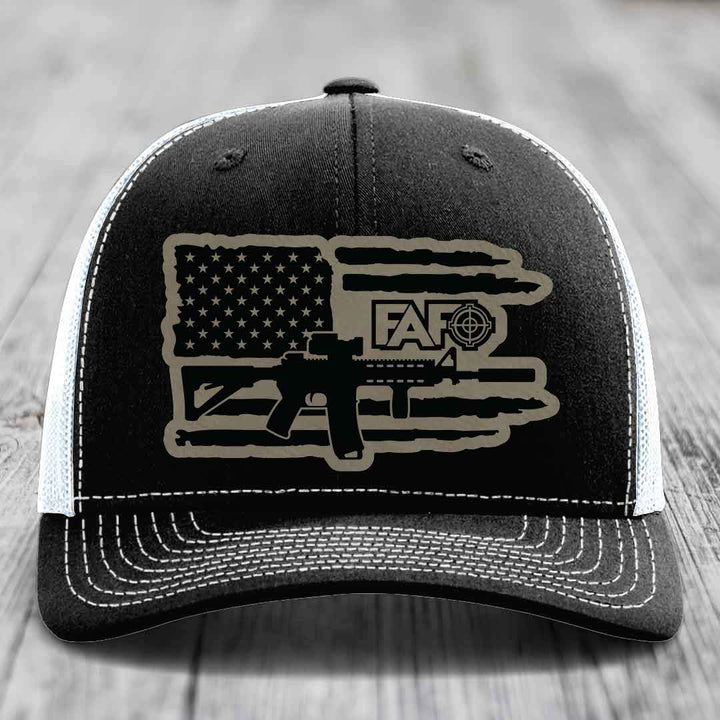 American Flag with AR15 FAFO - Leather Patch Hat - Light Brown to Black Patch - Richardson 112 Snapback Trucker Hat