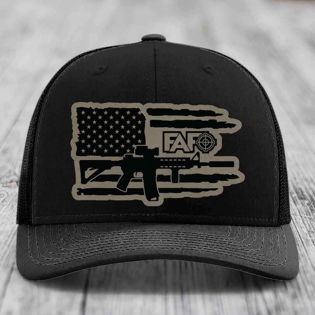American Flag with AR15 FAFO - Leather Patch Hat - Light Brown to Black Patch - Richardson 112 Snapback Trucker Hat