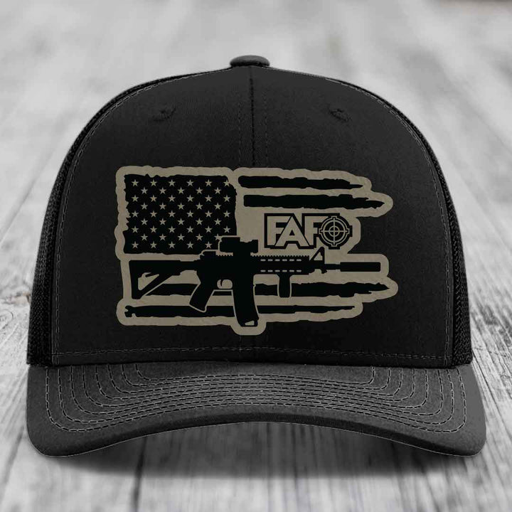 American Flag with AR15 FAFO - Leather Patch Hat - Light Brown to Black Patch - Richardson 112 Snapback Trucker Hat