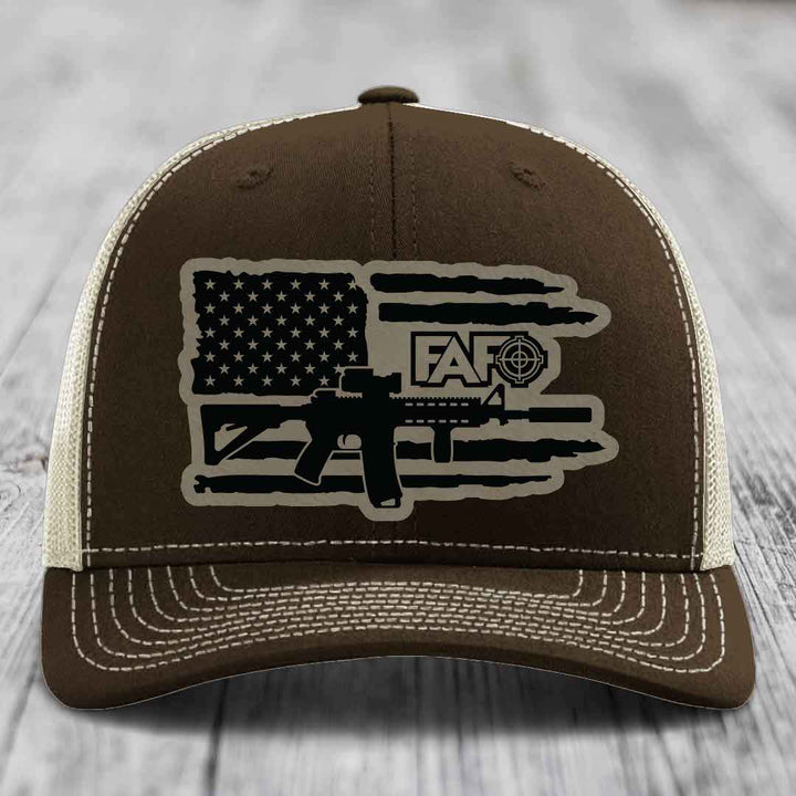 American Flag with AR15 FAFO - Leather Patch Hat - Light Brown to Black Patch - Richardson 112 Snapback Trucker Hat