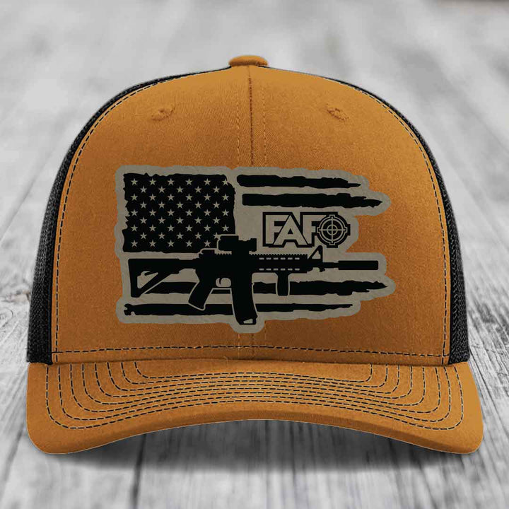 American Flag with AR15 FAFO - Leather Patch Hat - Light Brown to Black Patch - Richardson 112 Snapback Trucker Hat