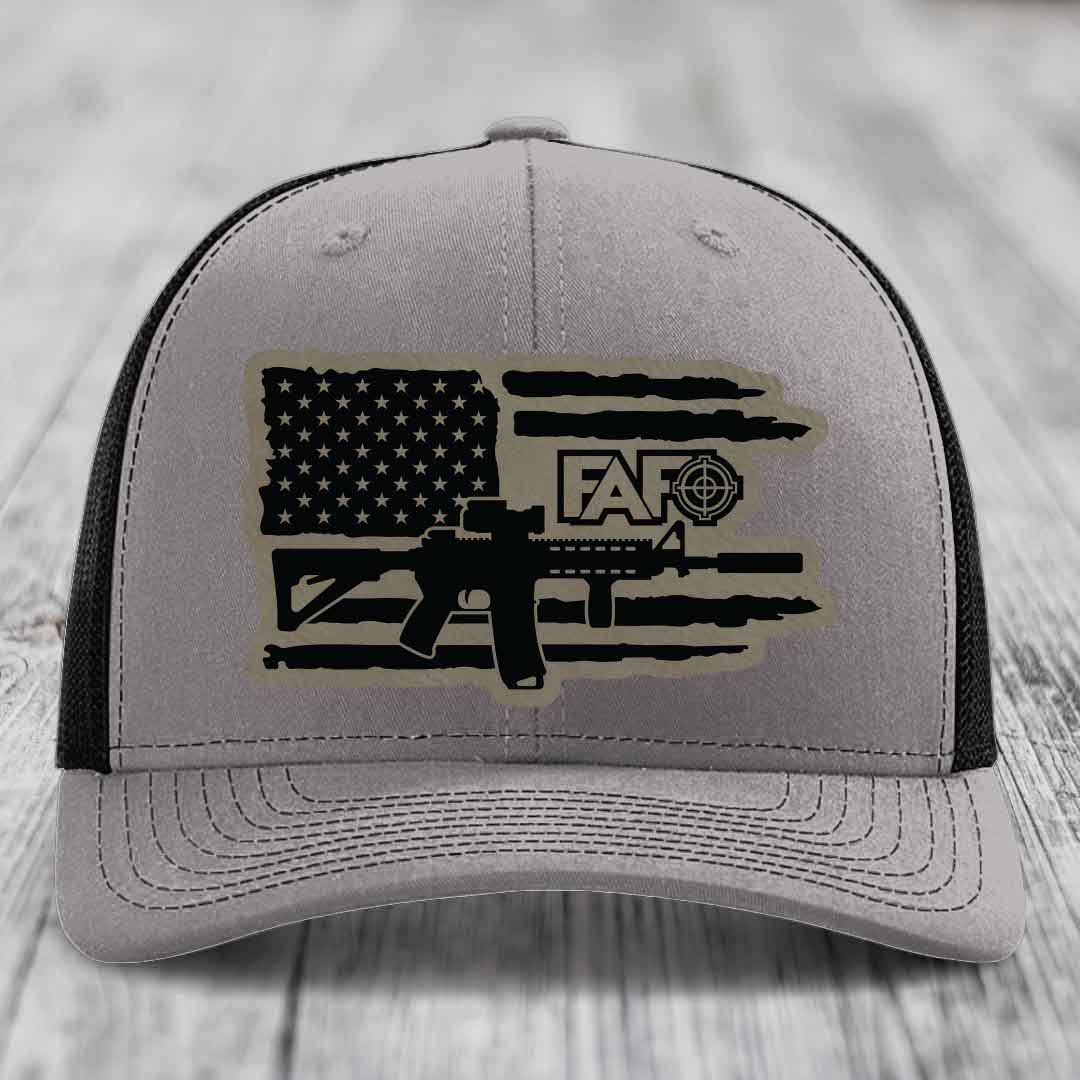 American Flag with AR15 FAFO - Leather Patch Hat - Light Brown to Black Patch - Richardson 112 Snapback Trucker Hat