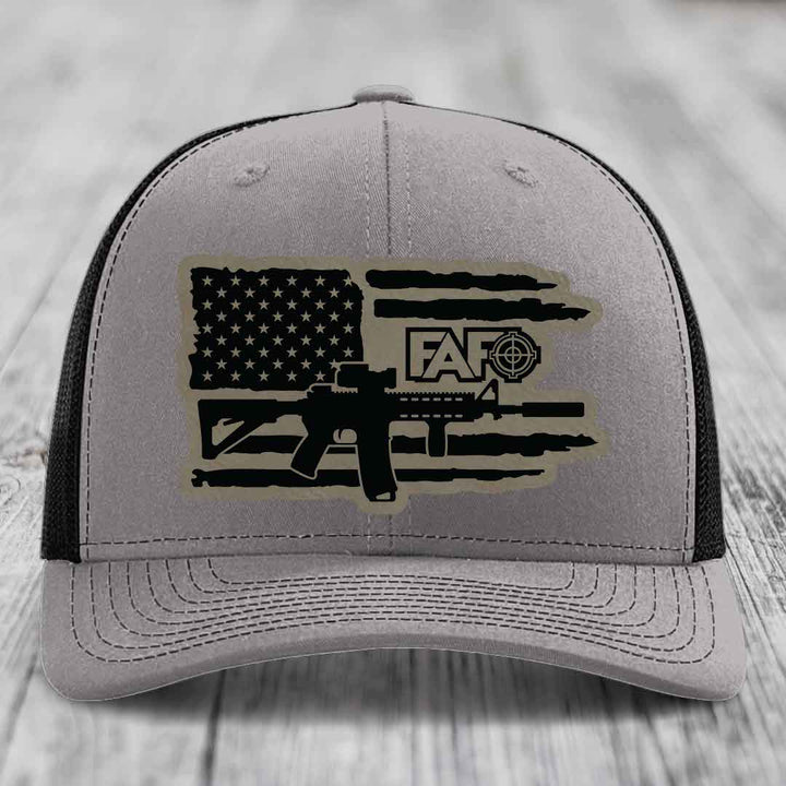 American Flag with AR15 FAFO - Leather Patch Hat - Light Brown to Black Patch - Richardson 112 Snapback Trucker Hat