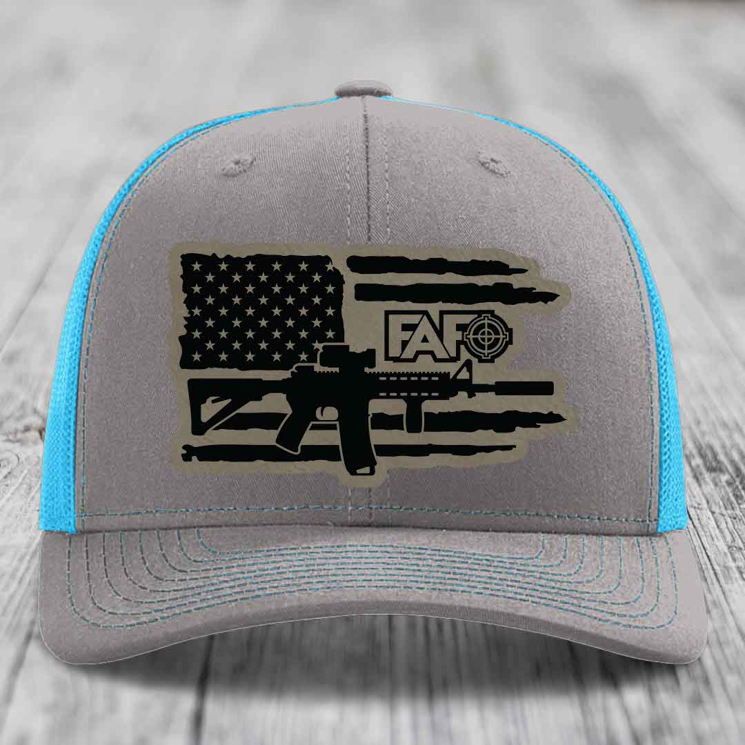 American Flag with AR15 FAFO - Leather Patch Hat - Light Brown to Black Patch - Richardson 112 Snapback Trucker Hat