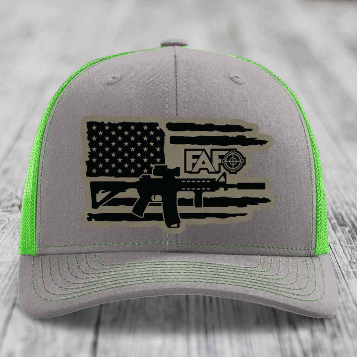 American Flag with AR15 FAFO - Leather Patch Hat - Light Brown to Black Patch - Richardson 112 Snapback Trucker Hat