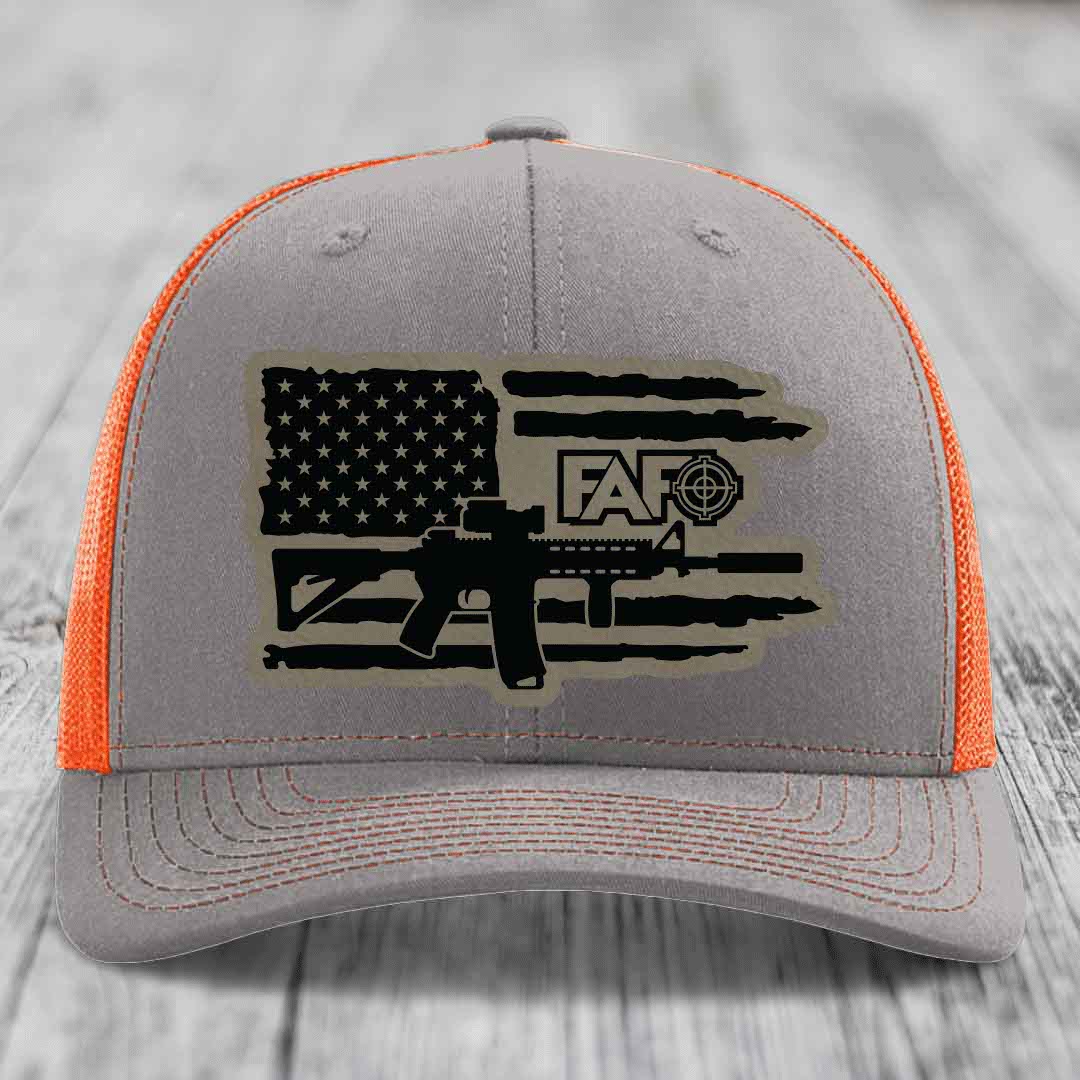 American Flag with AR15 FAFO - Leather Patch Hat - Light Brown to Black Patch - Richardson 112 Snapback Trucker Hat