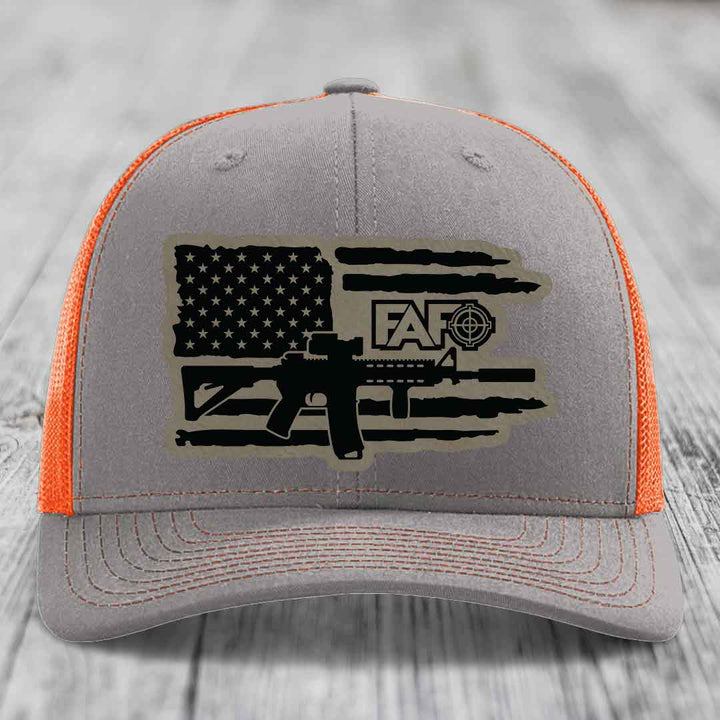 American Flag with AR15 FAFO - Leather Patch Hat - Light Brown to Black Patch - Richardson 112 Snapback Trucker Hat
