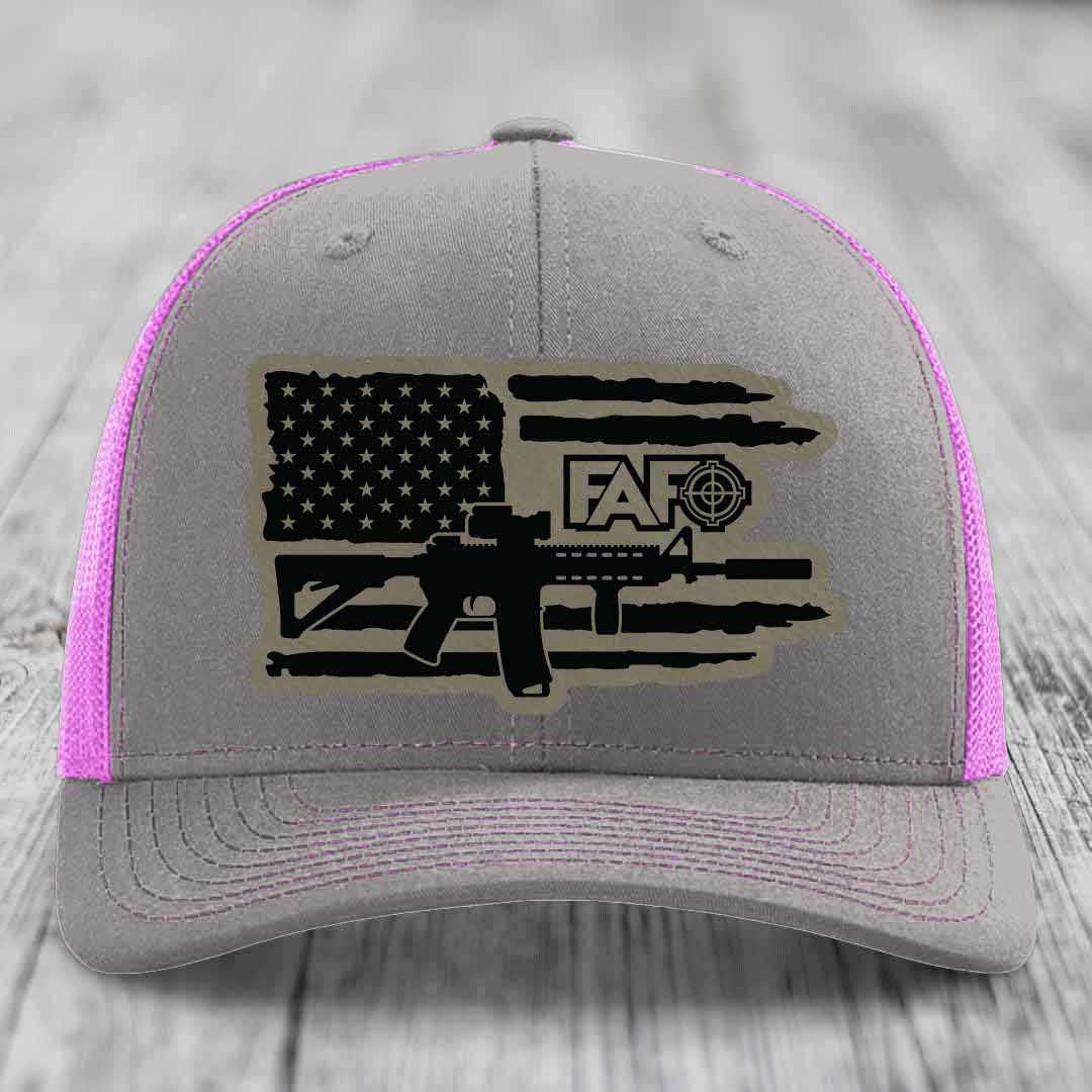 American Flag with AR15 FAFO - Leather Patch Hat - Light Brown to Black Patch - Richardson 112 Snapback Trucker Hat