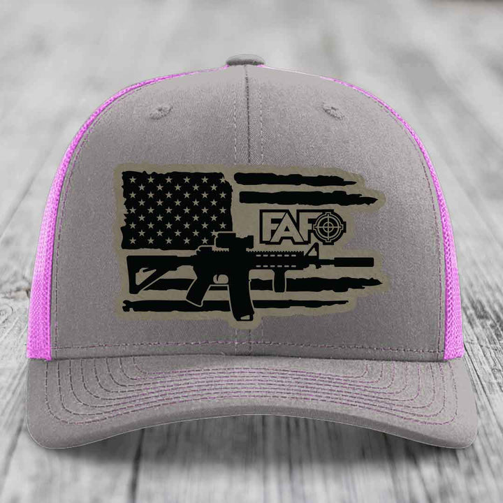 American Flag with AR15 FAFO - Leather Patch Hat - Light Brown to Black Patch - Richardson 112 Snapback Trucker Hat