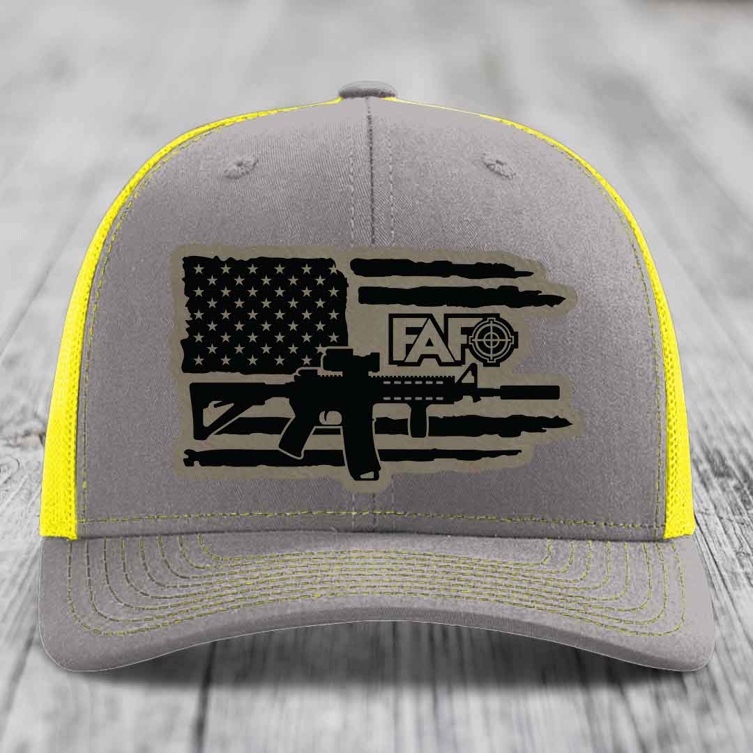American Flag with AR15 FAFO - Leather Patch Hat - Light Brown to Black Patch - Richardson 112 Snapback Trucker Hat