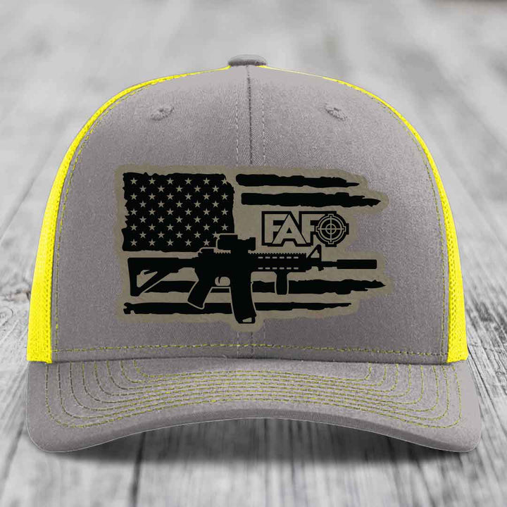 American Flag with AR15 FAFO - Leather Patch Hat - Light Brown to Black Patch - Richardson 112 Snapback Trucker Hat