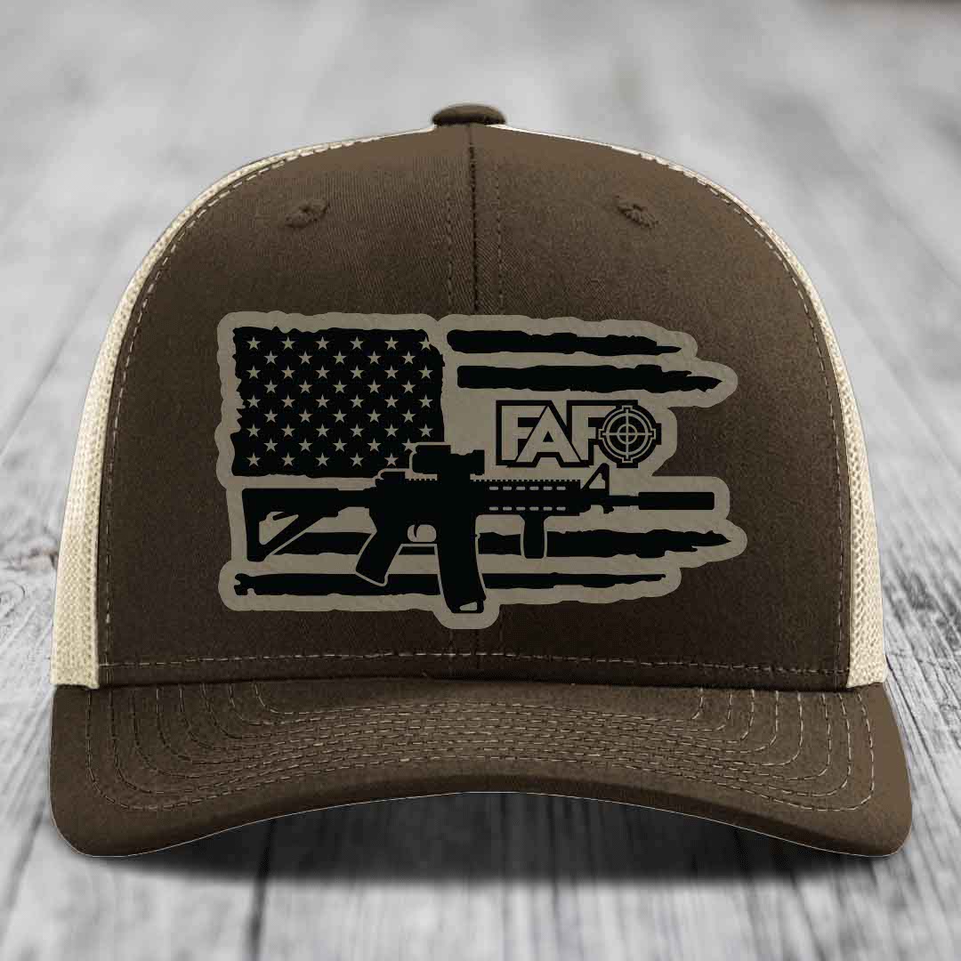 American Flag with AR15 FAFO - Leather Patch Hat - Light Brown to Black Patch - Richardson 112 Snapback Trucker Hat