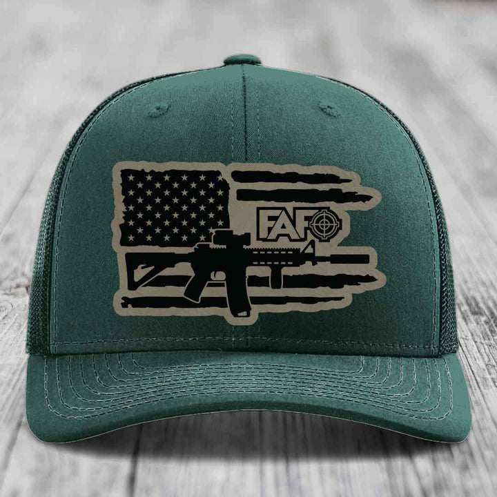 American Flag with AR15 FAFO - Leather Patch Hat - Light Brown to Black Patch - Richardson 112 Snapback Trucker Hat