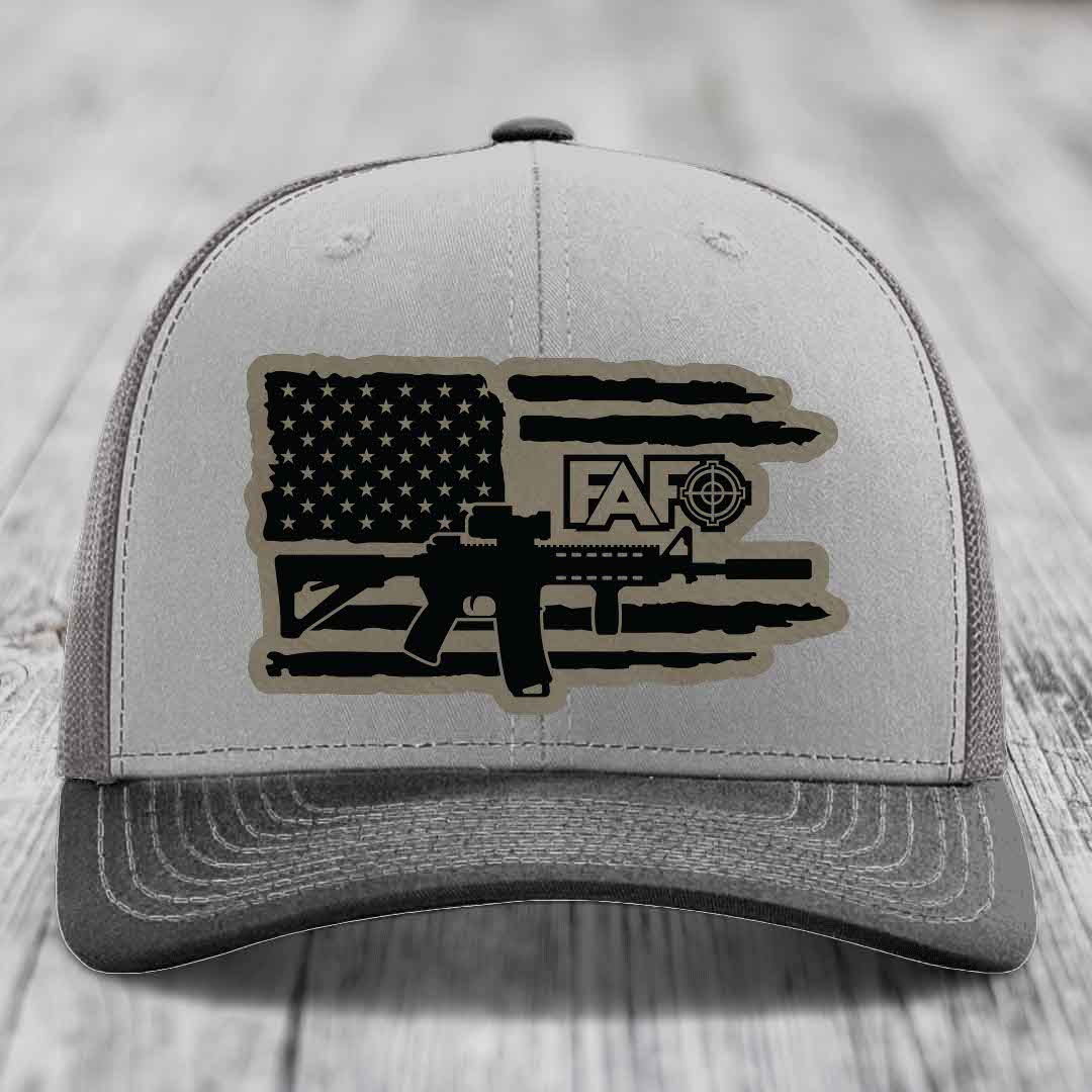 American Flag with AR15 FAFO - Leather Patch Hat - Light Brown to Black Patch - Richardson 112 Snapback Trucker Hat