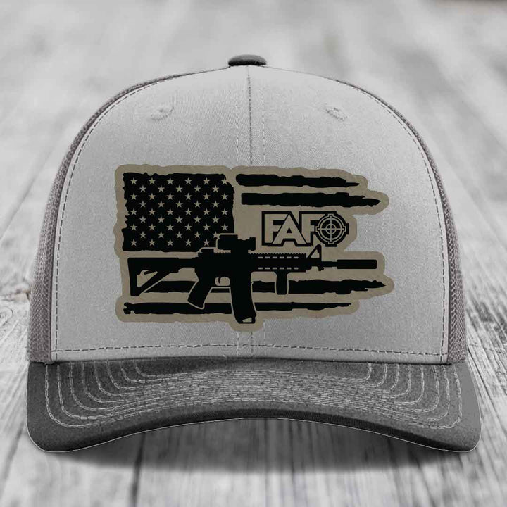American Flag with AR15 FAFO - Leather Patch Hat - Light Brown to Black Patch - Richardson 112 Snapback Trucker Hat