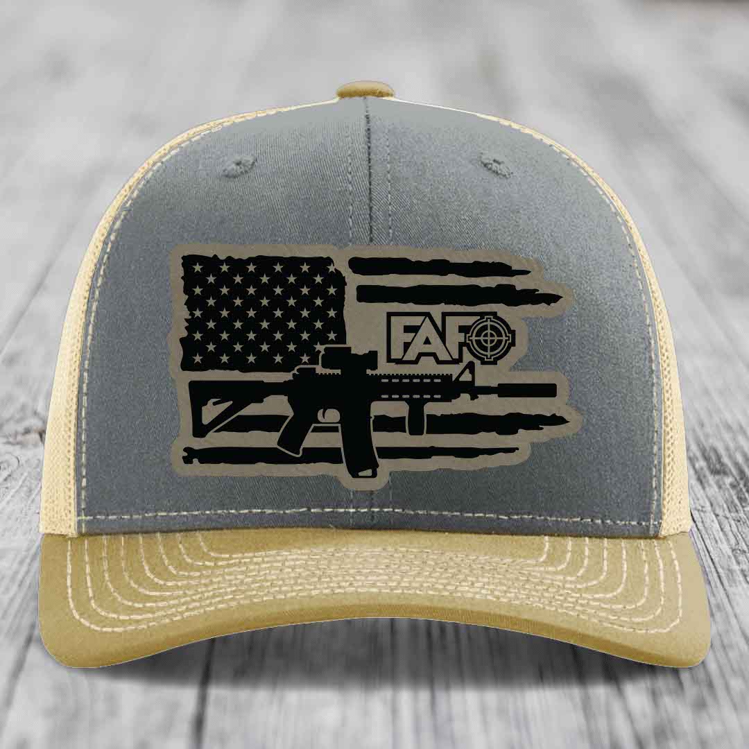 American Flag with AR15 FAFO - Leather Patch Hat - Light Brown to Black Patch - Richardson 112 Snapback Trucker Hat