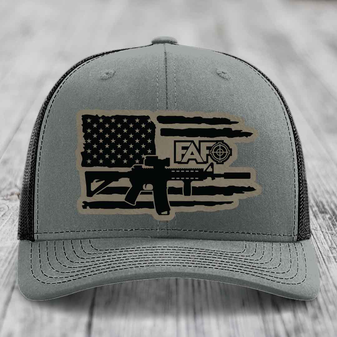 American Flag with AR15 FAFO - Leather Patch Hat - Light Brown to Black Patch - Richardson 112 Snapback Trucker Hat