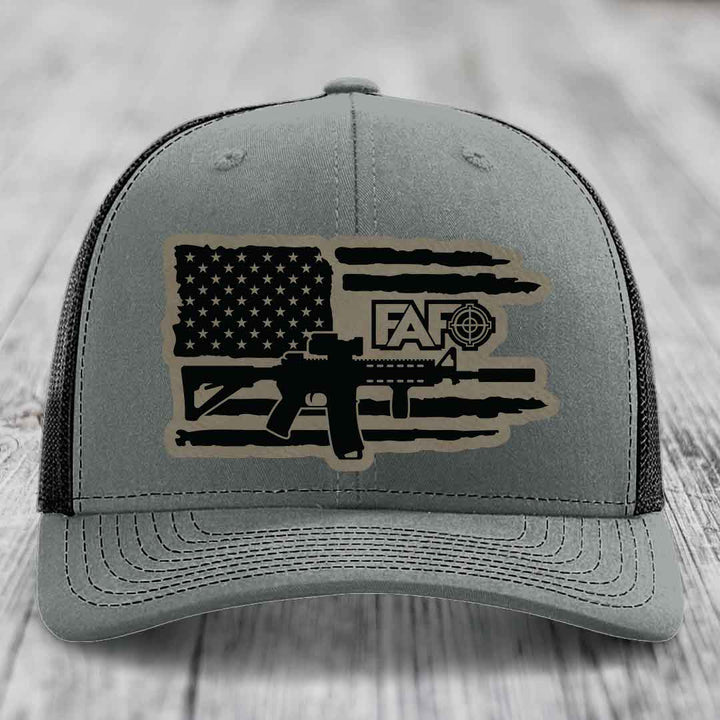 American Flag with AR15 FAFO - Leather Patch Hat - Light Brown to Black Patch - Richardson 112 Snapback Trucker Hat