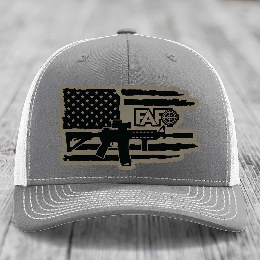 American Flag with AR15 FAFO - Leather Patch Hat - Light Brown to Black Patch - Richardson 112 Snapback Trucker Hat