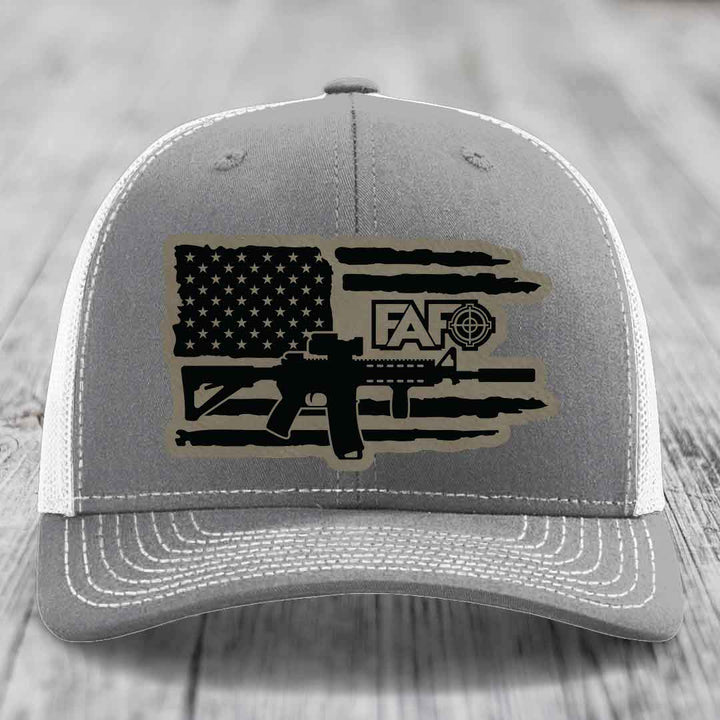 American Flag with AR15 FAFO - Leather Patch Hat - Light Brown to Black Patch - Richardson 112 Snapback Trucker Hat
